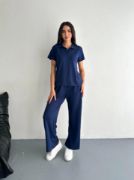 Osy Modal Yumuşak Dokulu Kumaş Kısa Kollu Yakalı T-shirt Pantalon Ikili Takım- Lacivert resmi